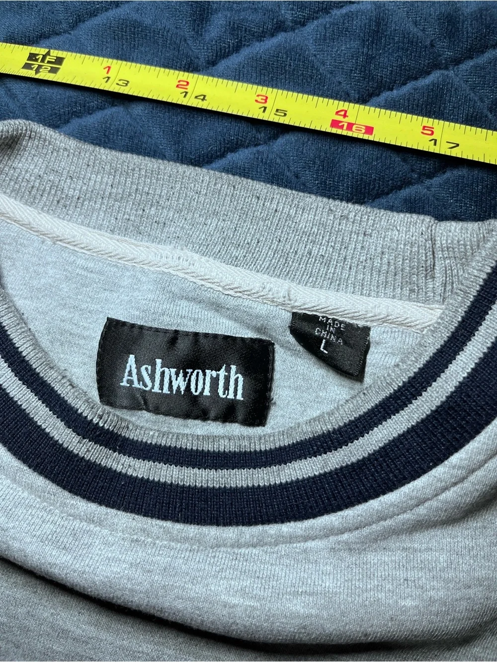 Vintage Golf Ashworth Light Gray Crewneck Sweater with Navy Stripe Trim